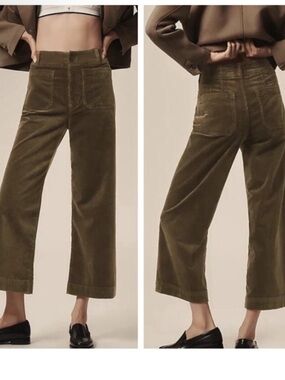 Maeve Colette Corduroy Cropped Wide-Leg High Rise Pants Dark Moss Green 33P